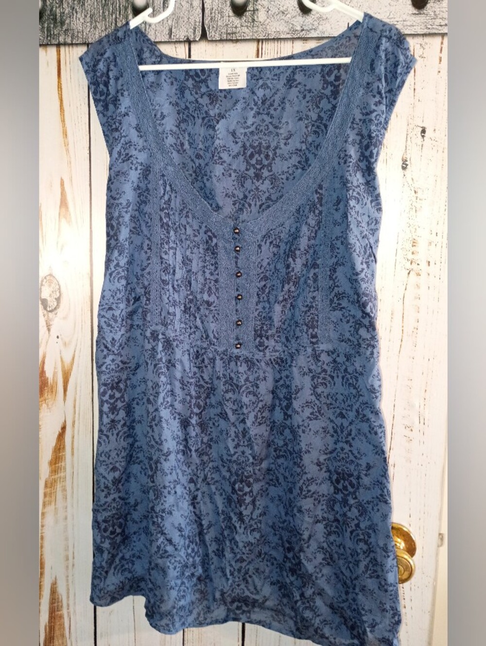 Blue Patterned Cap-Sleeve Women's Top With Tie In Back